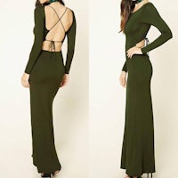 the back view of a woman in an olive green maxi dress