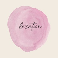 a pink watercolor circle with the word location written on it
