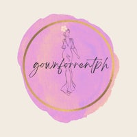 a pink and purple logo with a woman in a dress