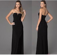 a woman wearing a black strapless prom dress