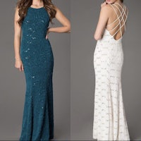 a white and white dress with a slit in the back