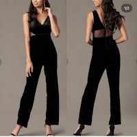 two pictures of a woman in a black velvet jumpsuit