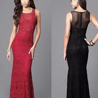 a woman in a black and red lace dress