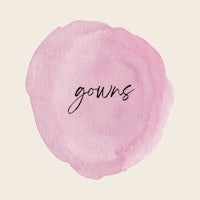 a pink circle with the word gouns written on it