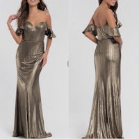 a woman in a metallic dress with ruffles on the back