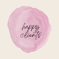 a pink circle with the words happy clients written on it