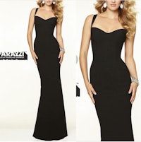 a woman in a black evening gown