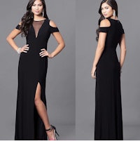 a woman in a black dress with a slit