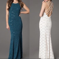 a white and white dress with a slit in the back