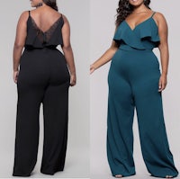 two plus size women in black and green jumpsuits
