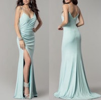 a woman in a light blue dress with a slit